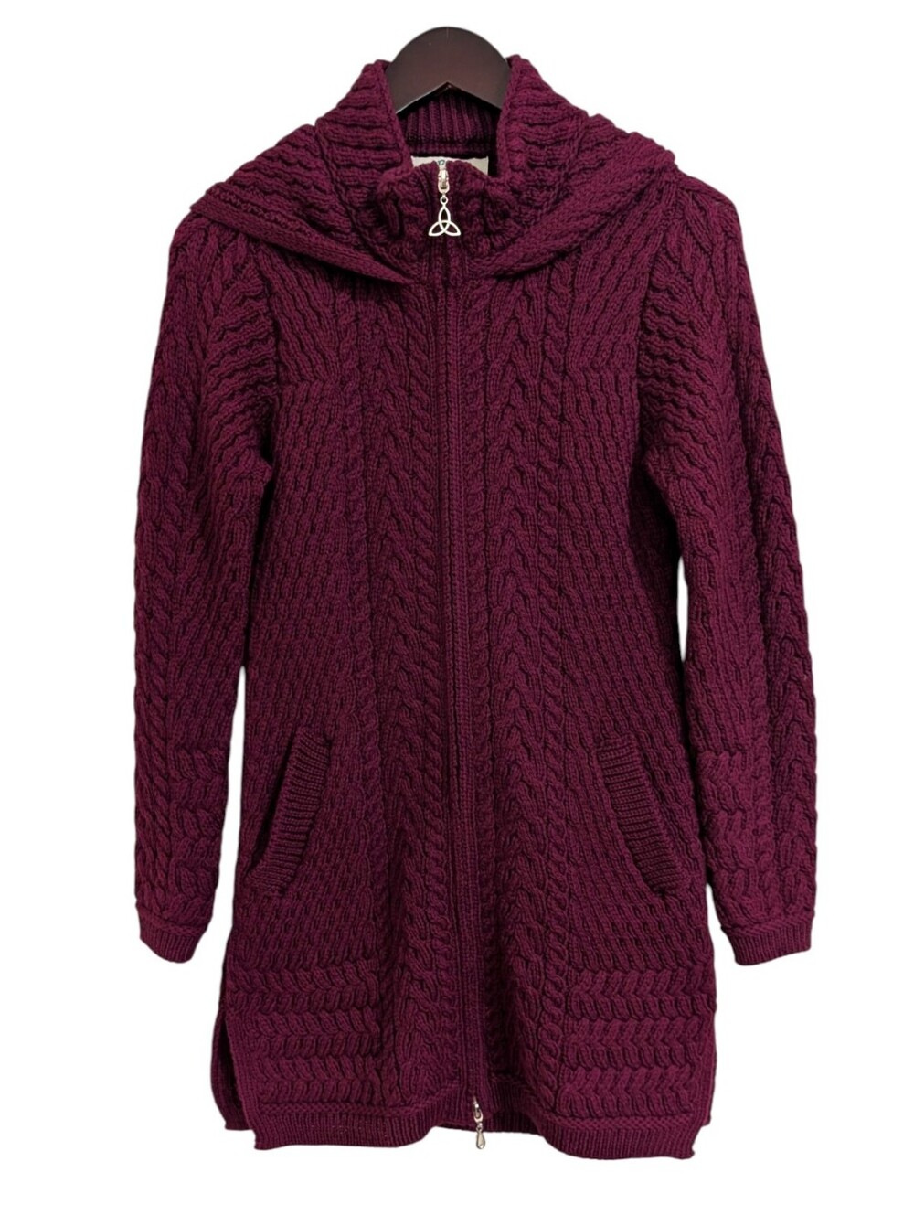 Aran Crafts Ireland 100% Merino Wool Zip Hoodie Sweater - Size XS Burgundy - Picture 2 of 10